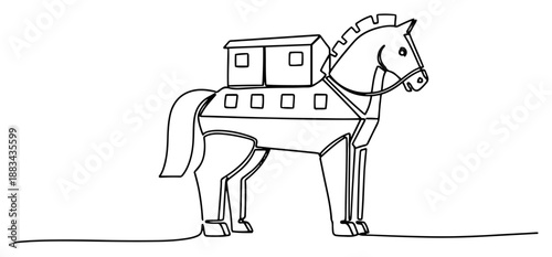Trojan Horse Wooden Statue Continuous Line Art Vector Illustration. Ancient Greek War Mythology Trick Sketch.