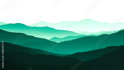 A misty blue mountain landscape at sunset features silhouettes of forest peaks and rolling hills beneath a cloudy sky at dawn