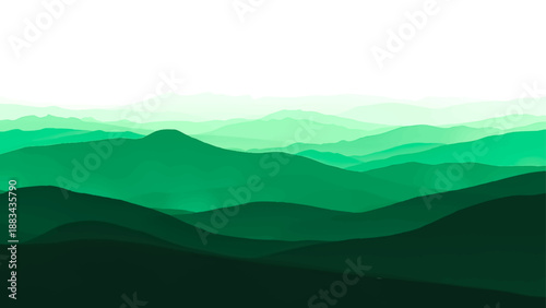 A serene mountain landscape with a green valley and forest under a blue sky where mist and clouds meet at the horizon during a beautiful sunrise