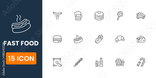 Fast food icon pack including burger fries pizza drink snacks vector flat icons for cafe menu app and food branding