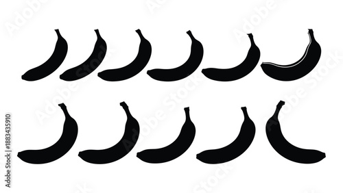 Collection of black banana silhouettes isolated on white background, Vector