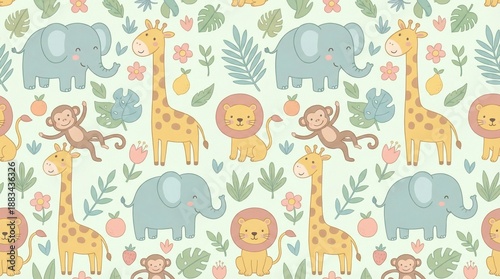Wallpaper Mural Cute Safari Animals Seamless Pattern in Soft Pastel Style for Kids Torontodigital.ca