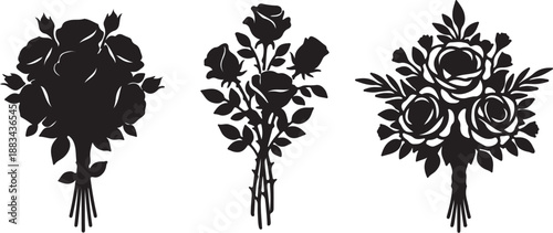 Three Black Silhouette Bouquets of Roses with Leaves on White Background also transparent background