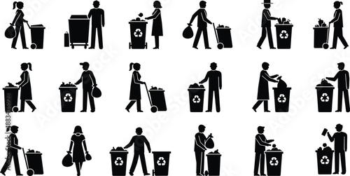 Recycling people silhouettes, waste sorting actions, eco friendly garbage disposal icons, black vector illustration, environmental protection set, isolated background