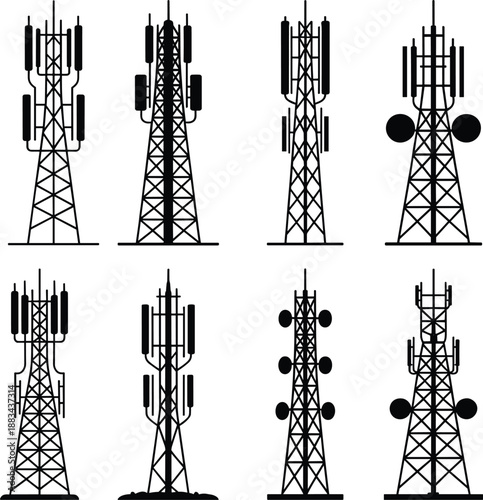 Collection of modern cellular communication towers and telecom antenna masts in black silhouette style, representing wireless network infrastructure, mobile technology, broadcasting, 