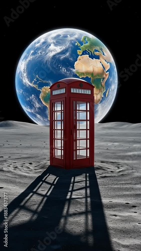 Red phone booth on moon with earth in background