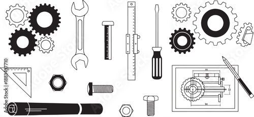 Black and white sketched mechanical tools and gears with technical