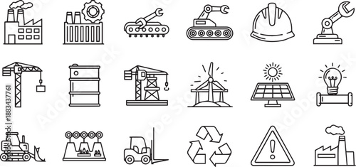 Industrial icons representing various aspects of manufacturing and renewable energy