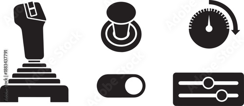 Black and white sketched of a whisk, dial, knob, and joystick