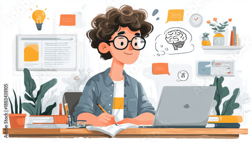 Engaging student exploring online learning with AI assistance at a cozy desk
