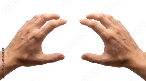 Plakat Grabbing Hands Gesture Concept: Two human hands reaching forward as if holding or framing an object, symbolizing interaction, control, virtual reality, and human engagement.