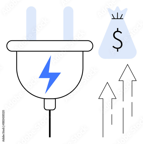 Electric plug with lightning bolt, money bag, and upward arrows. Highlights energy costs, electricity usage, financial impact, energy savings, renewable energy, economic growth and sustainability