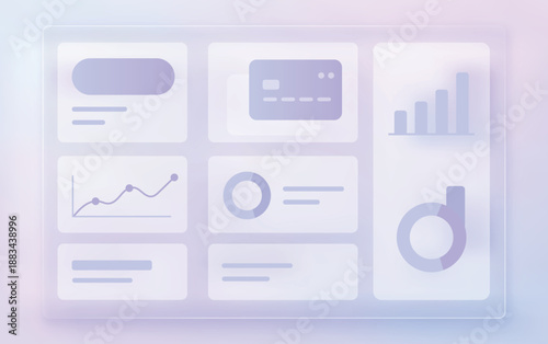 Modern digital banking dashboard UI featuring glassmorphism cards and abstract finance shapes