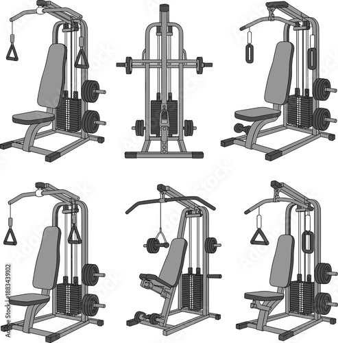 Modern gym fitness equipment collection showing multiple strength training machines, workout stations, and weight machines isolated on white background for bodybuilding and commercial gym use