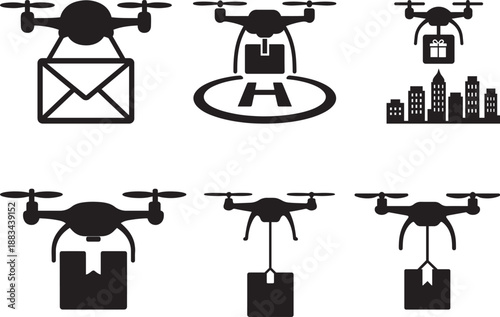 Drone delivery service icons set with package mail city drop future transport technology concept
