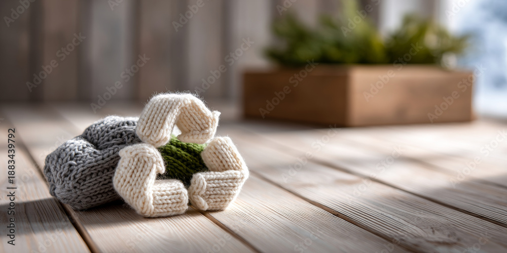 Fototapeta premium Knitted recycling symbol made of yarn on wooden surface with blurred plant background representing sustainability and eco-friendly concept