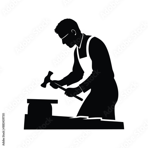 Craftsman working at anvil silhouette vector illustration,A black and white silhouette vector illustration of a craftsman working at an anvil