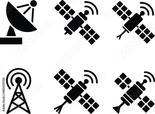 Satellite communication icons set featuring antennas, radar dishes, wireless signal transmission, space technology symbols, global connectivity concepts, telecommunications infrastructure, 