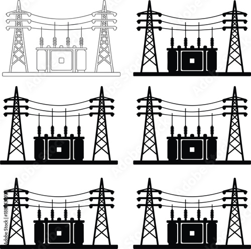 High voltage electric power substation silhouettes with transmission towers and overhead lines, industrial energy infrastructure icons set, electricity distribution, renewable