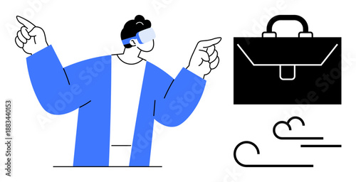 Virtual reality, technology interaction, digital workspace, career innovation, futuristic tools, digital transformation. A person wearing a VR headset pointing at a briefcase. Virtual reality
