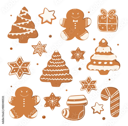 Set of cartoon Christmas Gingerbread cookies. Cute Christmas vector hand drawn illustration of holiday icons isolated on white background.