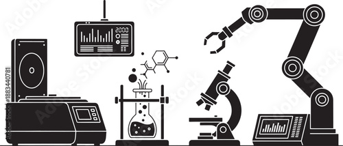 Black and white sketched of lab equipment and robotic arm with chemical reaction
