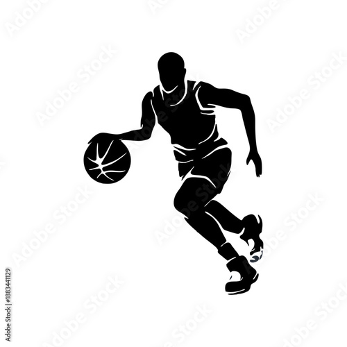 Basketball player dribbling ball silhouette, vector illustration, dynamic athletics of youth sports culture.