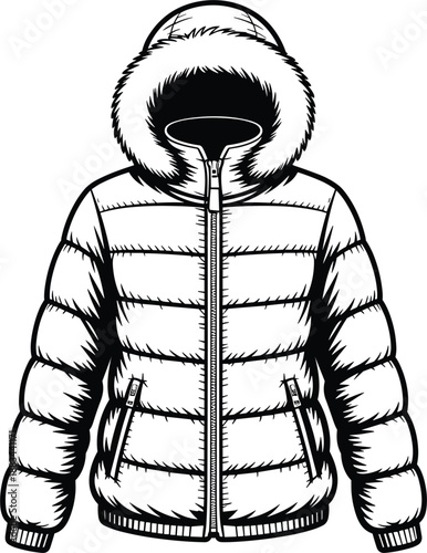 Black and White Puffer Jacket with Fur Hood Line Art Illustration vector