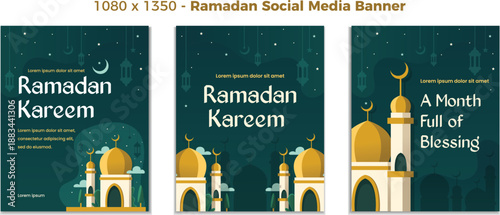Vector Ramadan Social Media Banner Template with Mosque and Dark Green Background