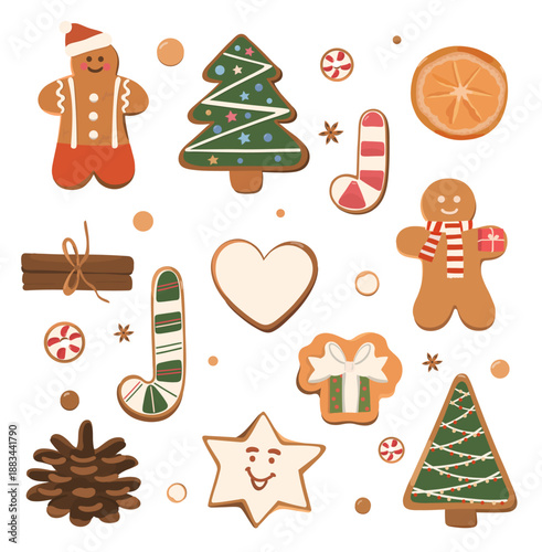 Set of cartoon Christmas Gingerbread cookies. Cute vector hand drawn illustration of holiday icons - ginger bread house, Christmas tree, snowman, snowflake, gifts, candy, stars isolated on white.
