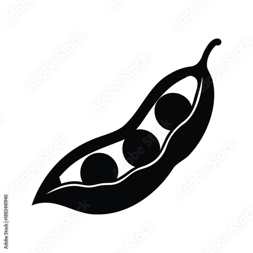 Minimalist black and white silhouette of a pea pod vector illustration,A simple and elegant black and white silhouette of a pea pod containing three peas, depicted in a vector illustration style
