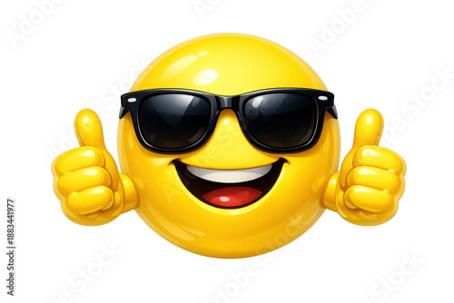 Yellow emoji face wearing sunglasses giving thumbs up, showing approval and positive feedback, transparent background
