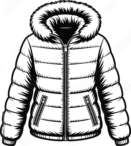 Detailed Line Art of a Puffer Jacket with Fur Hood for Fashion Design vector