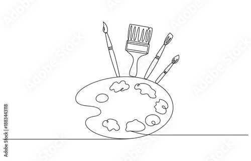 Palette and paint brush continuous one line drawing vector.