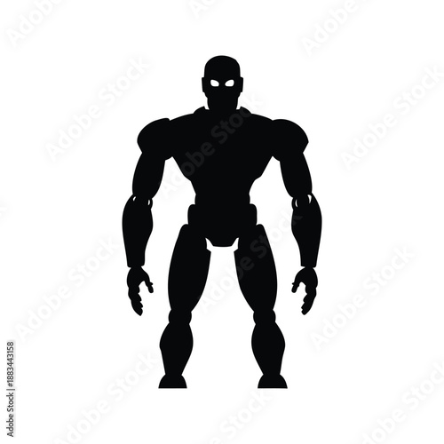 Powerful robot silhouette vector illustration in black and white,This image features a powerful robot silhouette in a black and white vector illustration
