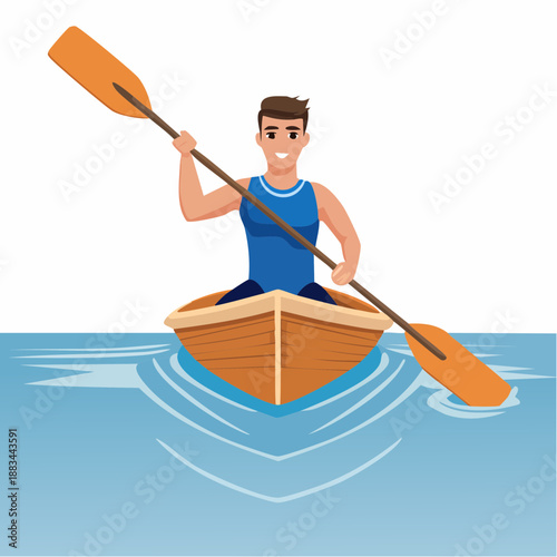Young man practicing canoeing.  Vector image.