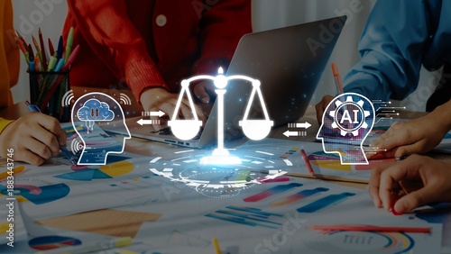 Φωτογραφία This image illustrates the intersection of law and technology, highlighting the balance of human intellect and artificial intelligence in the pursuit of modern justice