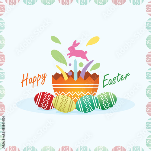 Happy Easter bunny jumping from eggshell with colorful patterned eggs
