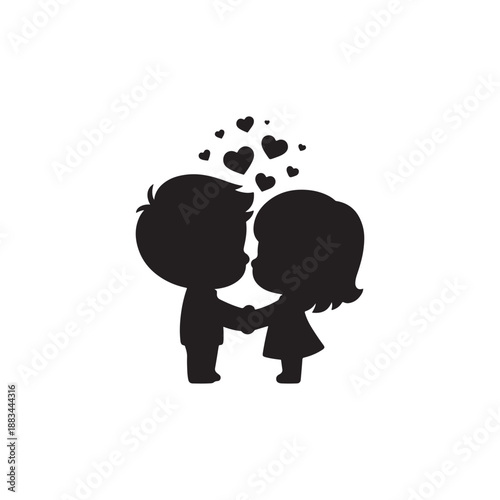 Adorable silhouette of two children holding hands, with hearts floating above, sweet love