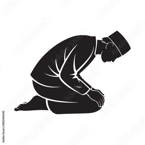 Silhouette of a Muslim man kneeling in prayer, embodying deep faith and devotion