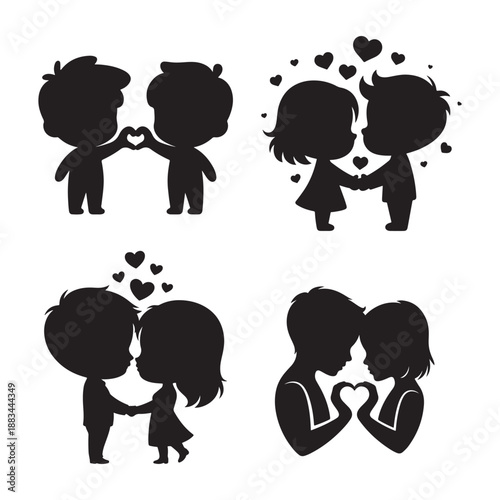 Silhouette couple in love, Valentine's Day symbols, romantic hearts, sweet embrace