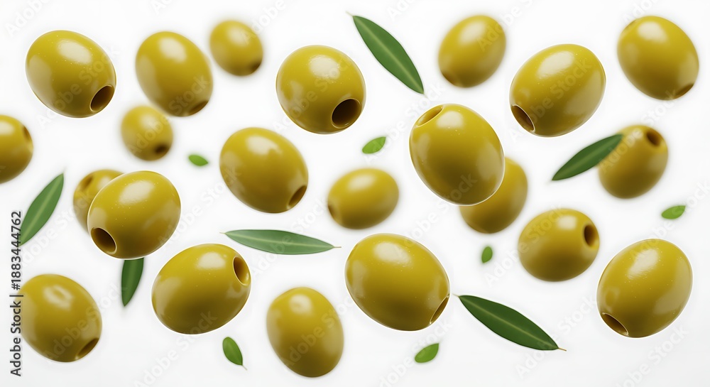 Obraz premium Scattered Green Olives with Leaves