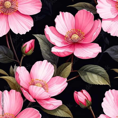 Pink floral pattern with stylized flowers against a dark background