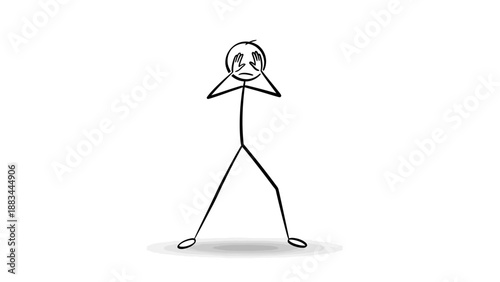 Stick Figure Covering Eyes with Hands in a Scared or Shocked Pose on Isolated White Background