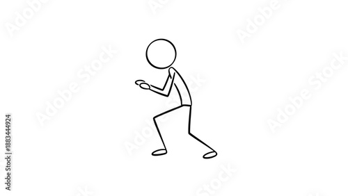Stick figure man crouching down in defensive or ready stance, demonstrating alertness and preparation, isolated white background.