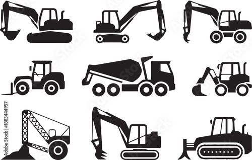 Construction vehicles icons set, vector heavy machinery and equipment collection including bulldozer, excavator, crane, dump truck, and loader in flat minimalist style isolated on white background