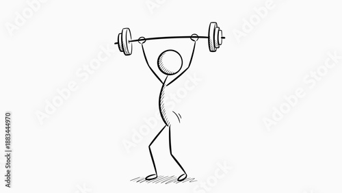 Confident Stick Figure Man Effortlessly Lifting a Barbell Overhead on an Isolated White Background, Demonstrating Strength and Ease.