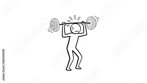 Struggling Stick Figure Man Attempting to Lift a Heavy Barbell Overhead on an Isolated White Background, Showing Intense Effort.