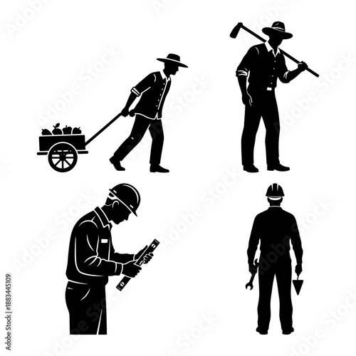 May Day Mason ladder worker and farmer harvest black and white silhouettes set