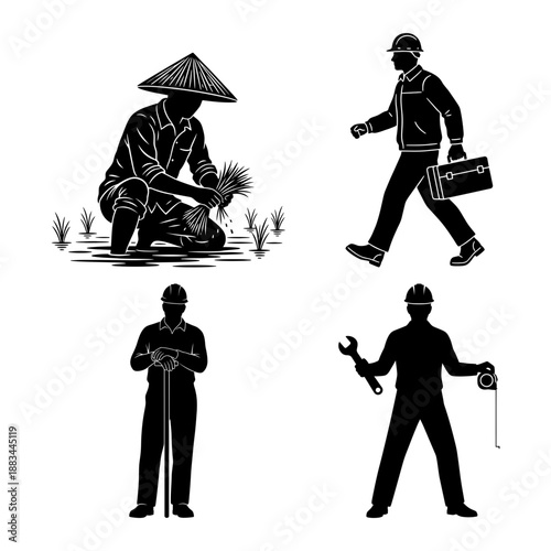 May Day Farmer harvest basket apple and factory machine black and white silhouettes set